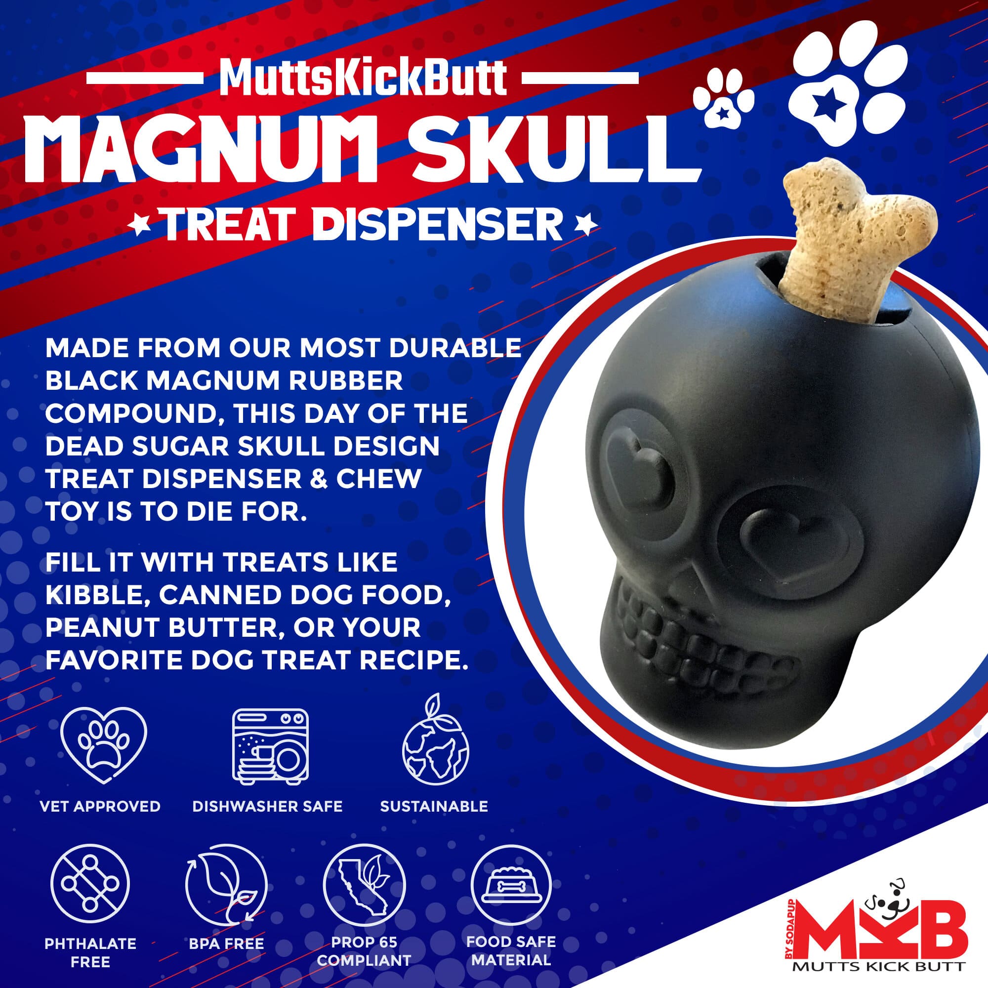 Magnum Sugar Skull Dog Chew Toy & Treat Dispenser - USA Made | SodaPup by SodaPup/True Dogs, LLC