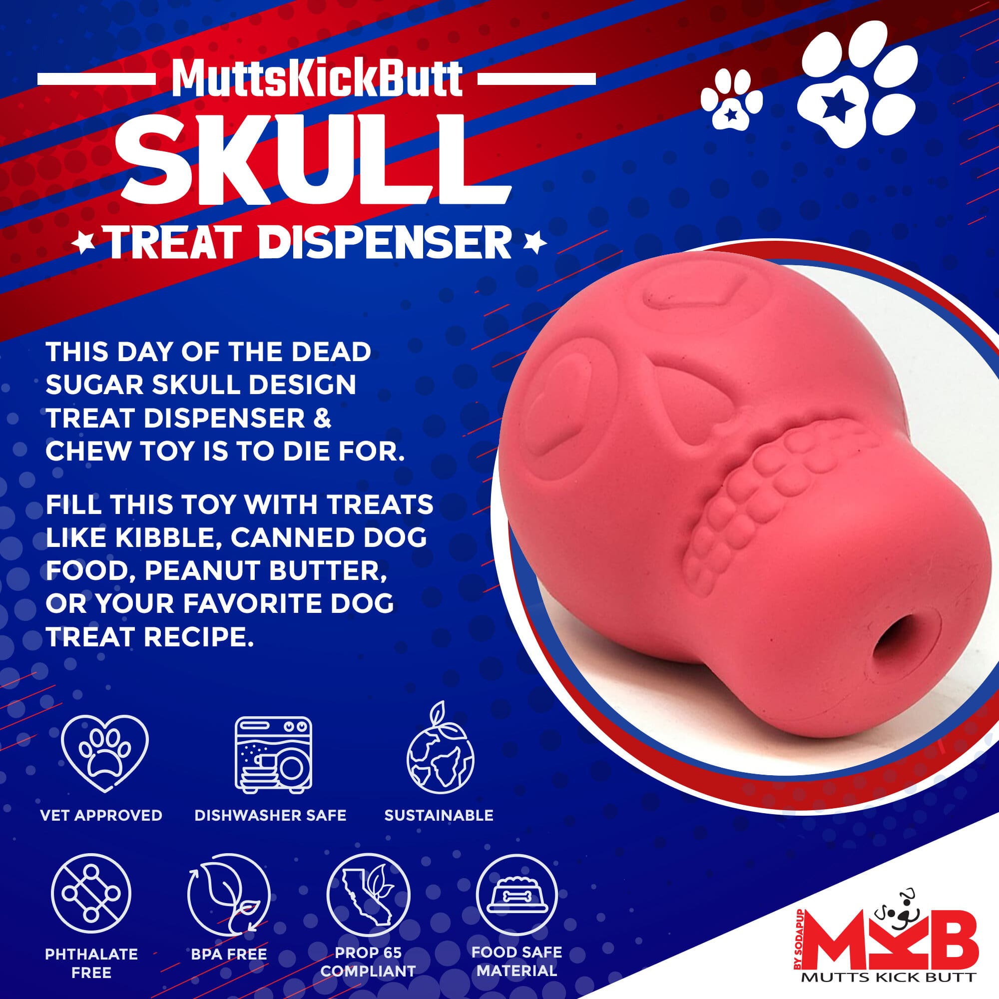 Sugar Skull Dog Chew Toy & Treat Dispenser - USA Made | SodaPup by SodaPup/True Dogs, LLC