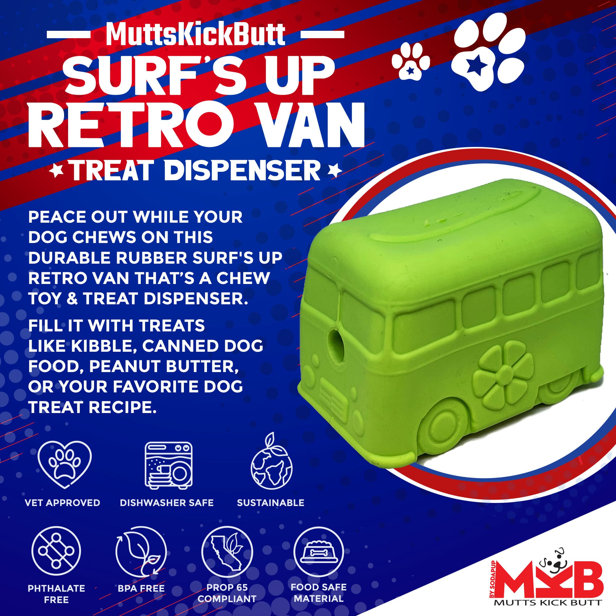 Surf's Up! Retro Van Dog Toy - Durable Chew Toy for Large Dogs | USA Made by SodaPup/True Dogs, LLC