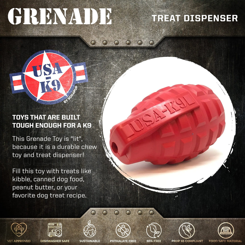 USA-K9 Grenade Shaped eDispenser Durable Dog Chew Toy & Treat Dispenser - Army Green by SodaPup/True Dogs, LLC