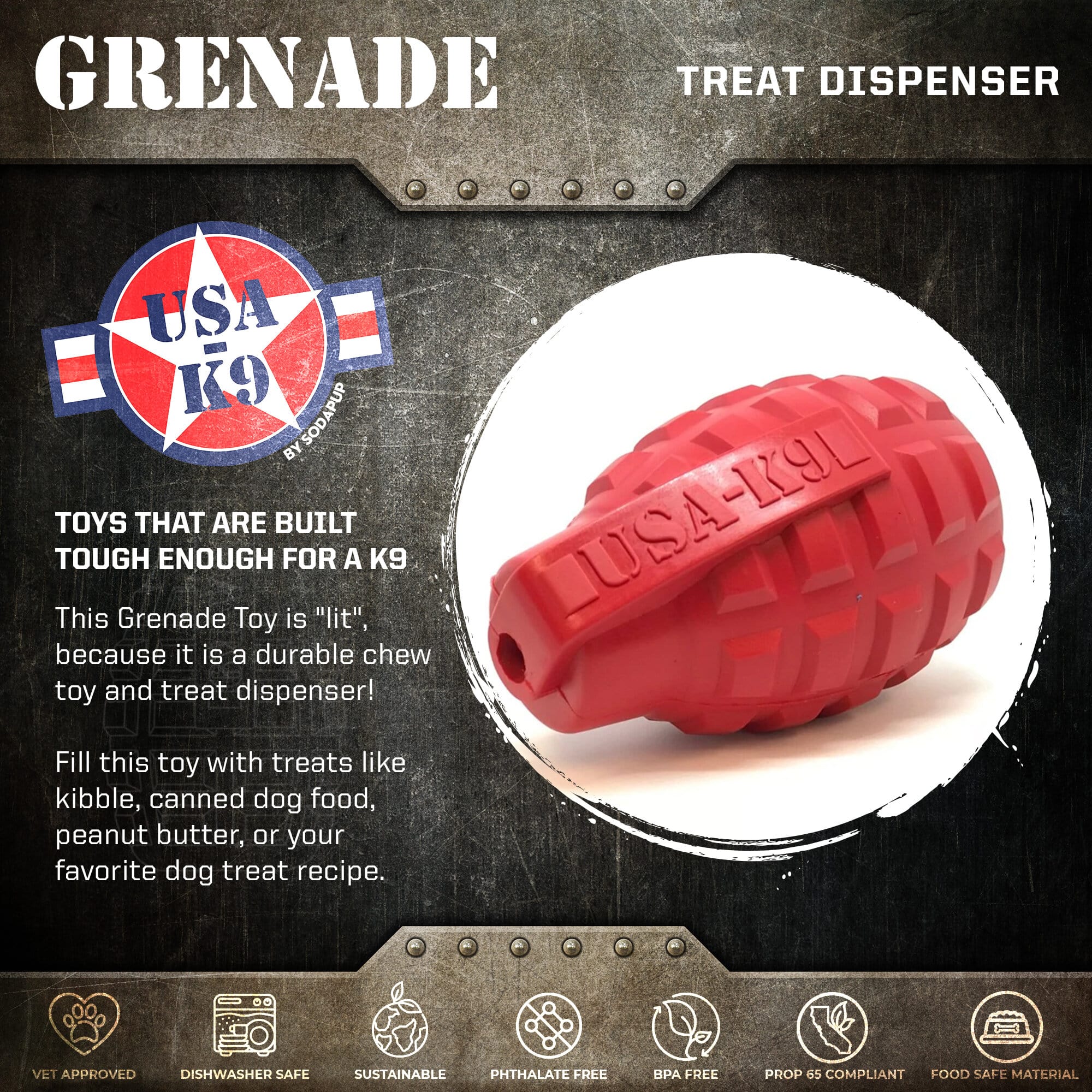 USA-K9 Grenade Shaped eDispenser Durable Dog Chew Toy & Treat Dispenser - Magnum Black by SodaPup/True Dogs, LLC