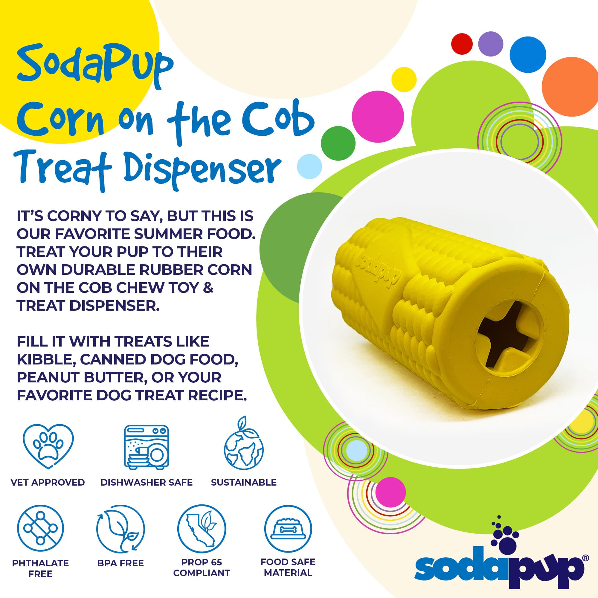 Corn on the Cob Dog Toy - Durable Rubber Treat Dispenser | USA Made by SodaPup/True Dogs, LLC