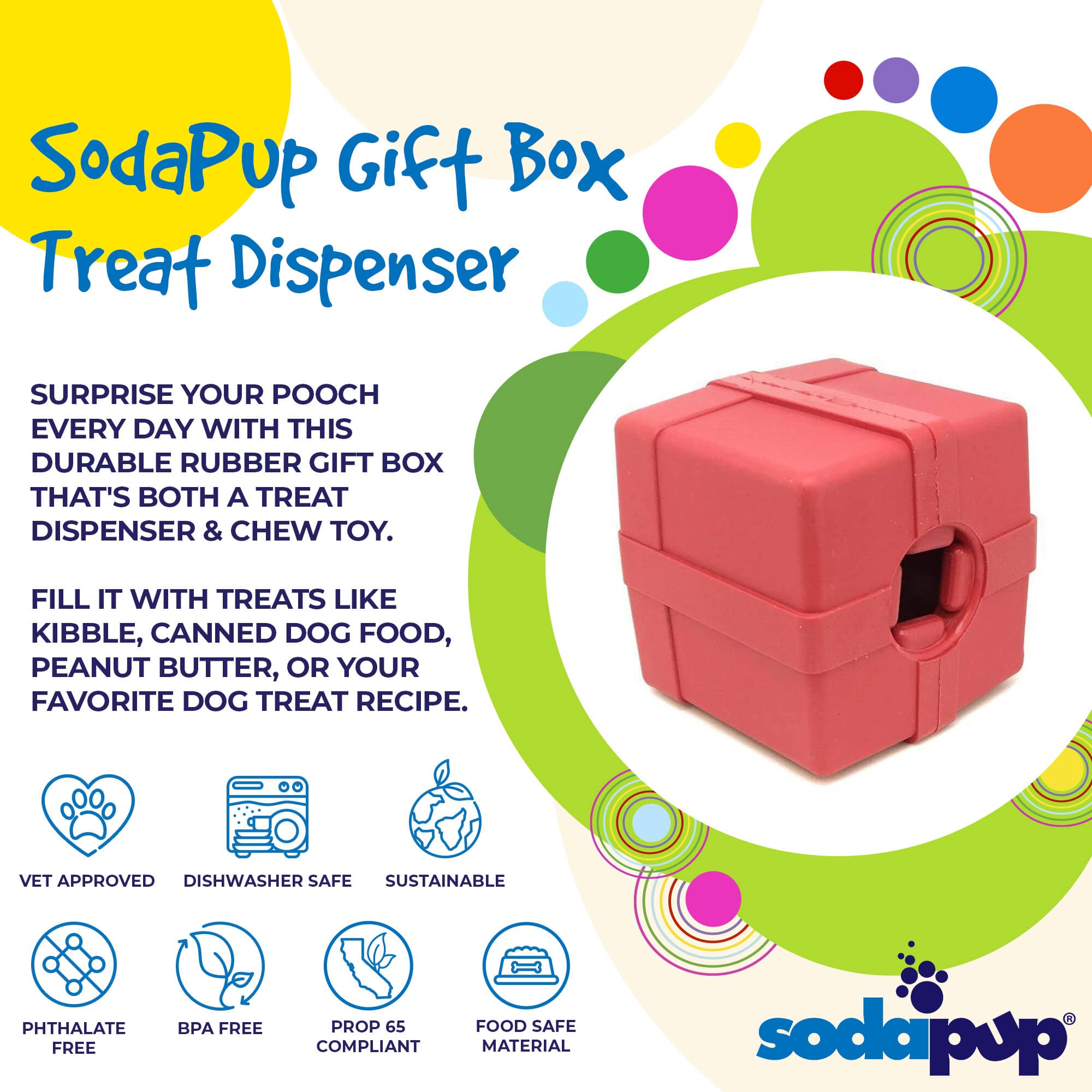Gift Box eDispenser - Durable Rubber Treat Dispenser for Dogs | USA Made by SodaPup/True Dogs, LLC