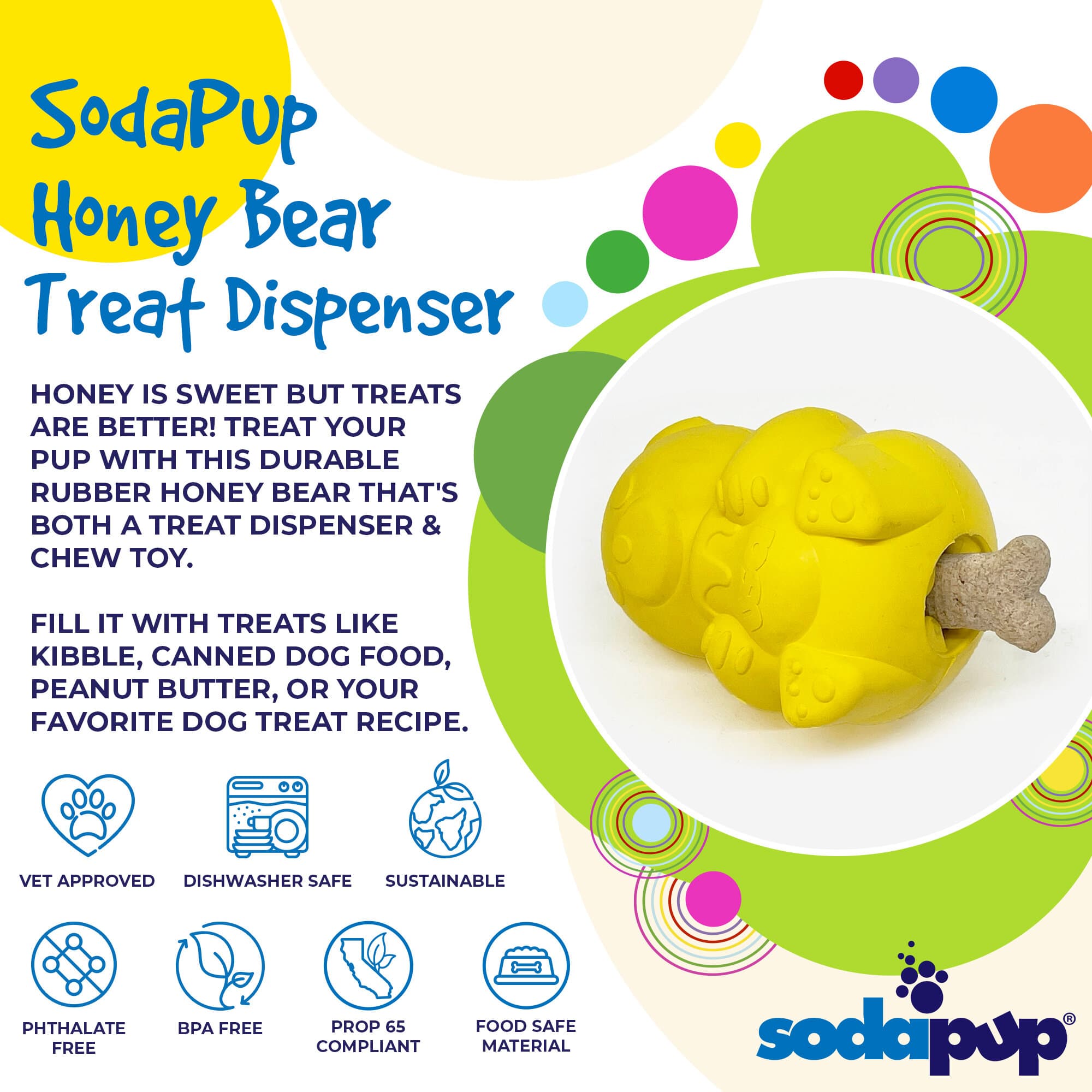 Honey Bear eDispenser - Durable Rubber Treat Dispenser for Dogs | USA Made by SodaPup/True Dogs, LLC