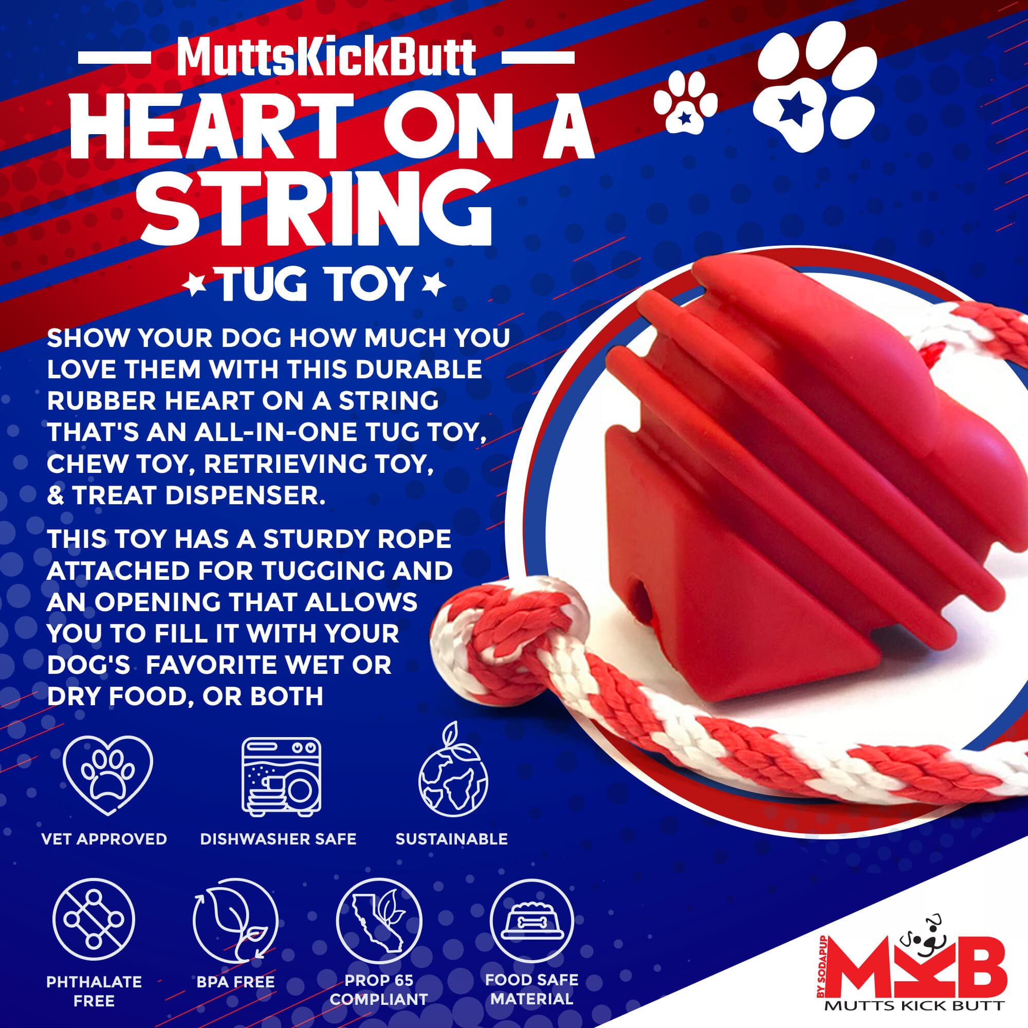 Heart on a String Dog Toy - Durable Rubber Tug Toy for Large Dogs | USA Made by SodaPup/True Dogs, LLC