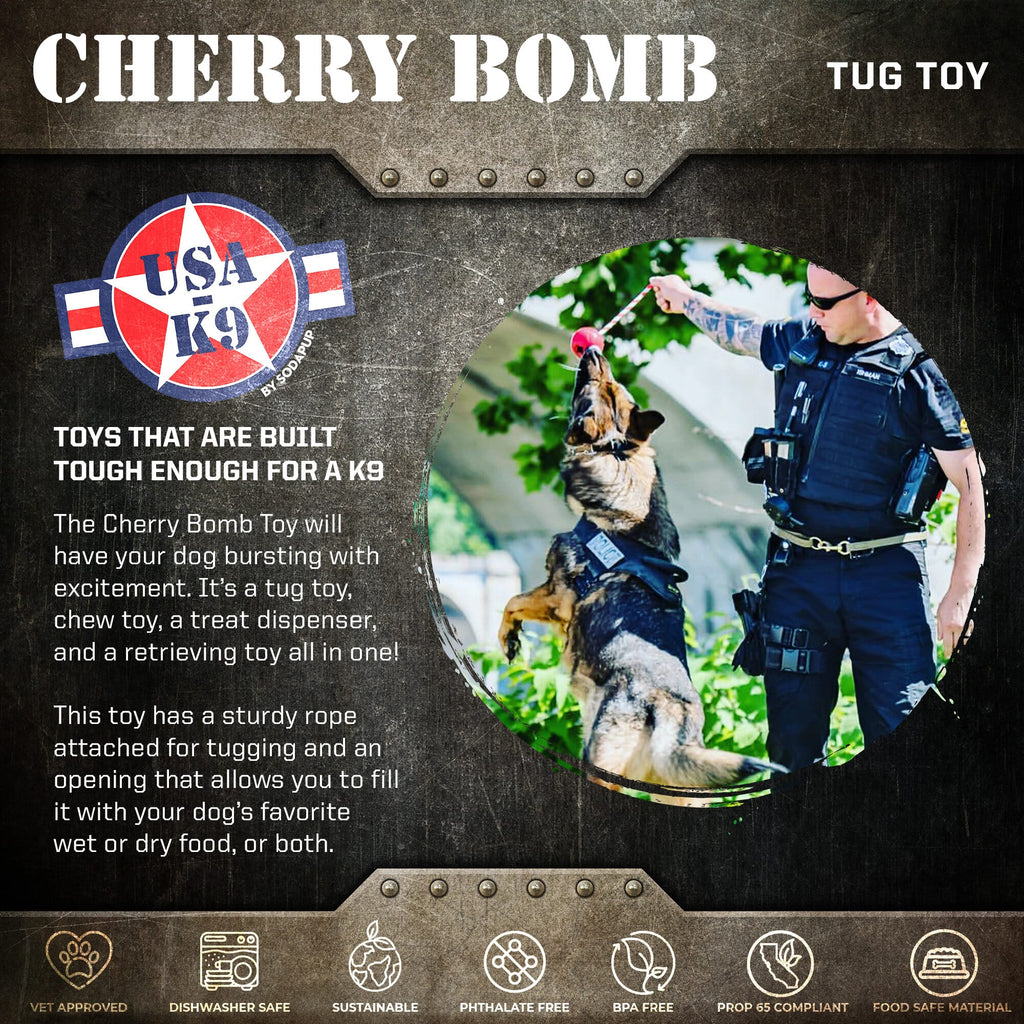 USA-K9 Cherry Bomb Rubber Dog Chew Toy | K9 Handler Reward Toy | Blue | USA Made by SodaPup/True Dogs, LLC
