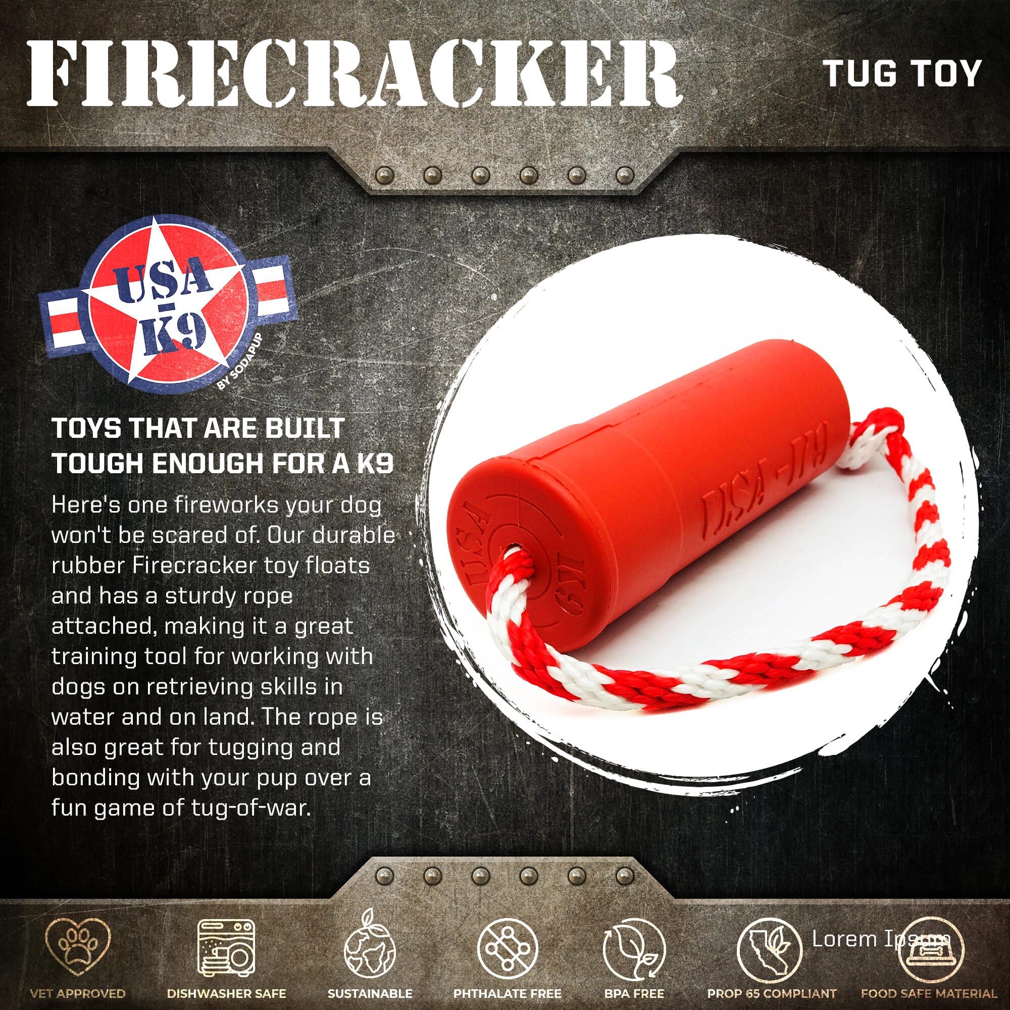 USA-K9 Firecracker Floating Training Dummy | K9 Handler Reward Toy | Red | USA Made by SodaPup/True Dogs, LLC