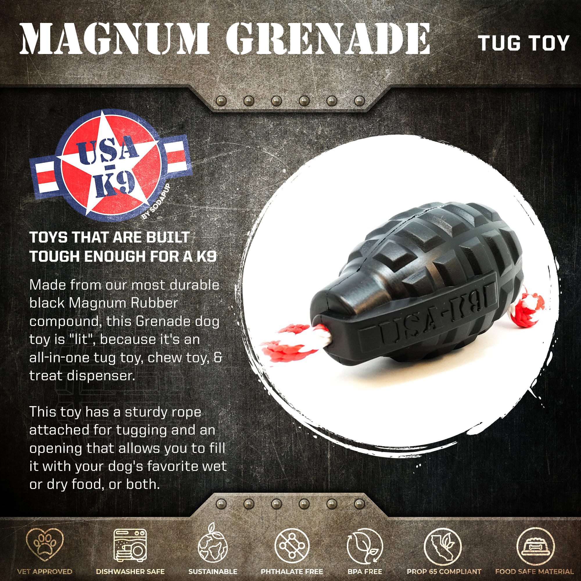 USA-K9 Magnum Grenade - Black Magnum Rubber Chew Toy for Extreme Chewers | USA Made by SodaPup/True Dogs, LLC