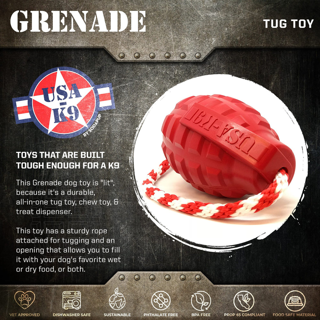 USA-K9 Grenade Shaped Rubber Dog Toy - Chew, Treat Dispenser & Tug Toy | USA - Army Green by SodaPup/True Dogs, LLC