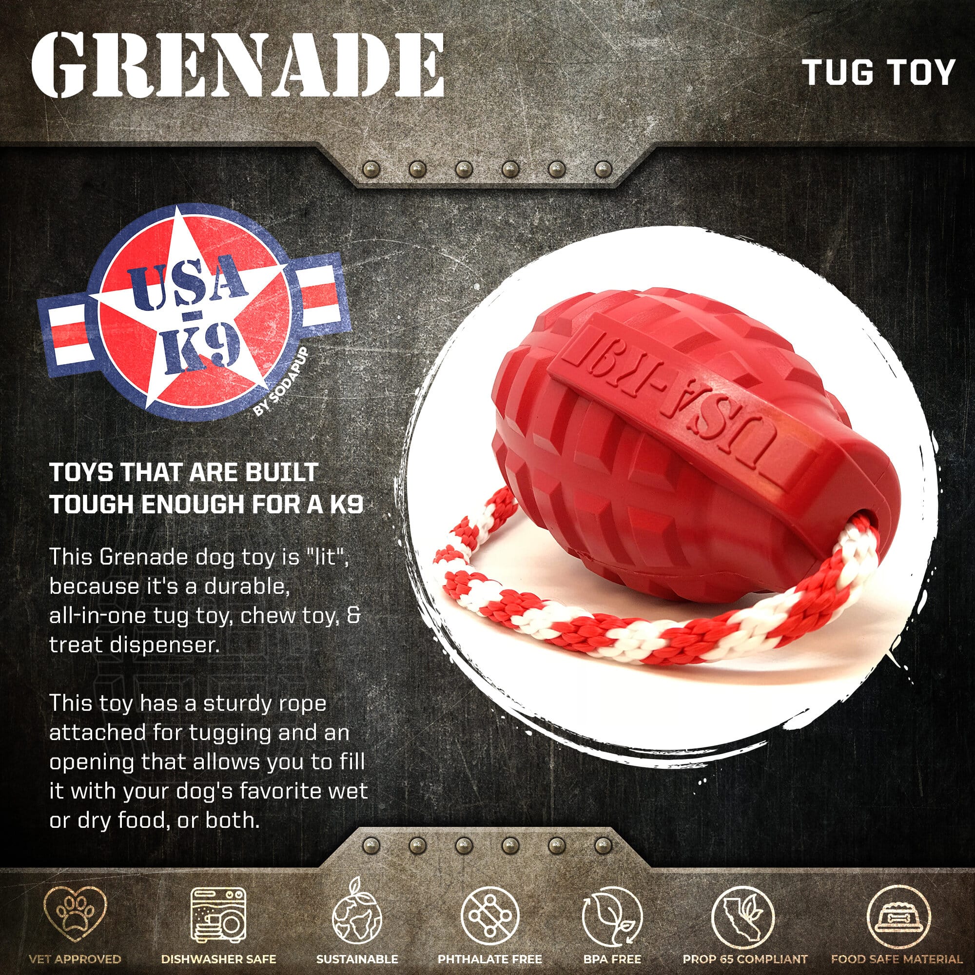 USA-K9 Grenade Shaped Rubber Dog Toy - Chew, Treat Dispenser & Tug Toy | USA by SodaPup/True Dogs, LLC