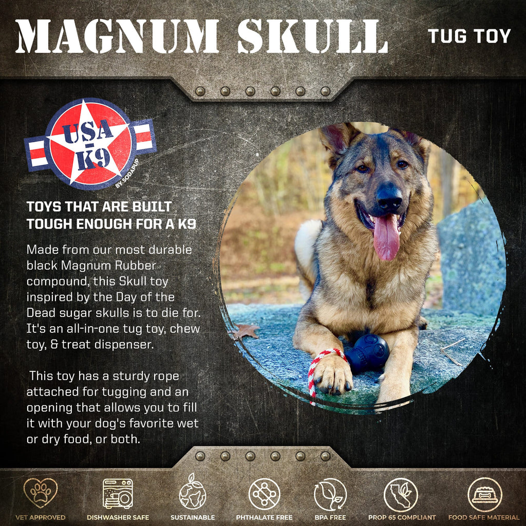 USA-K9 Magnum Skull - Black Magnum Rubber Chew Toy for Extreme Chewers | USA Made by SodaPup/True Dogs, LLC