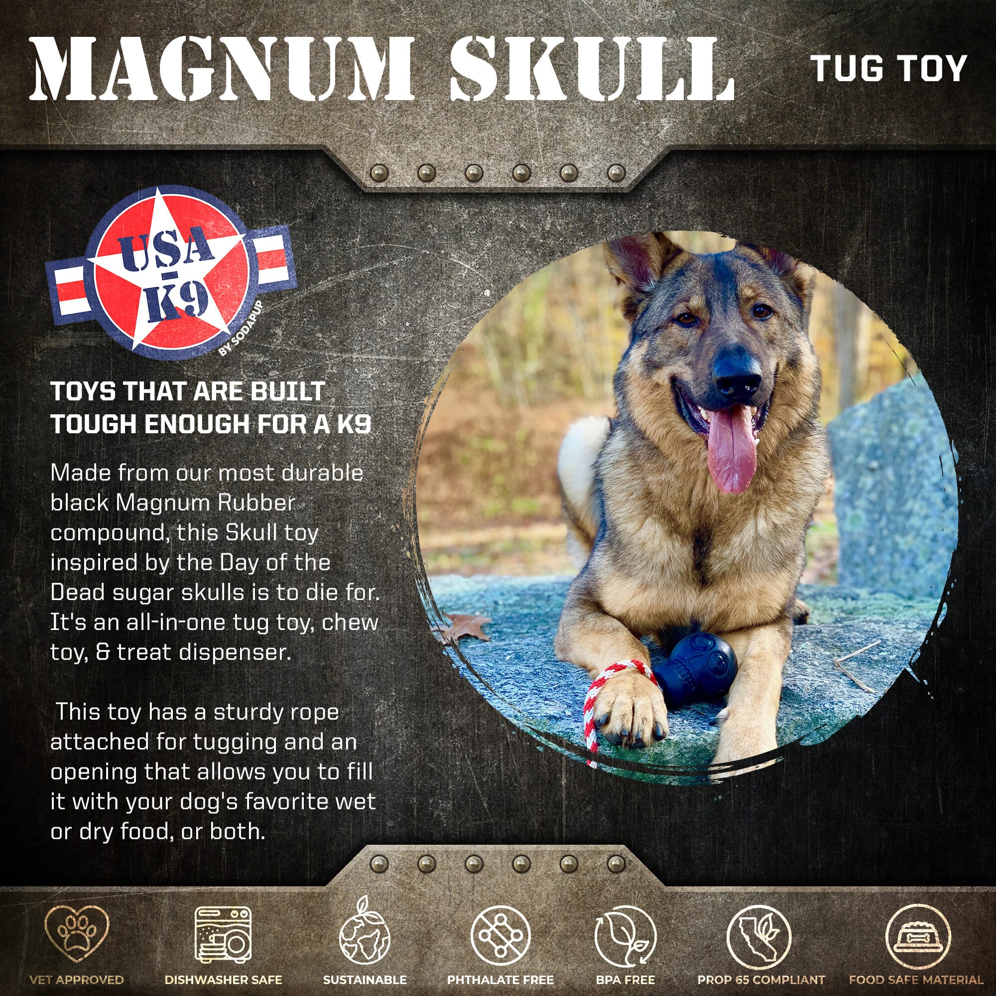 USA-K9 Magnum Skull - Black Magnum Rubber Chew Toy for Extreme Chewers | USA Made by SodaPup/True Dogs, LLC