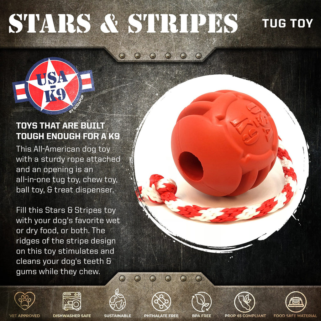 USA-K9 Stars and Stripes Rubber Dog Toy | K9 Handler Reward Toy | Red | USA Made by SodaPup/True Dogs, LLC