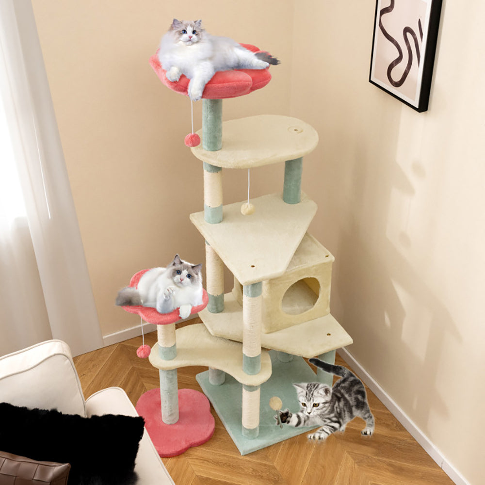61 Inch Multi-Level Aesthetic Floral Cat Tower with Flower-Shaped Padded Perch