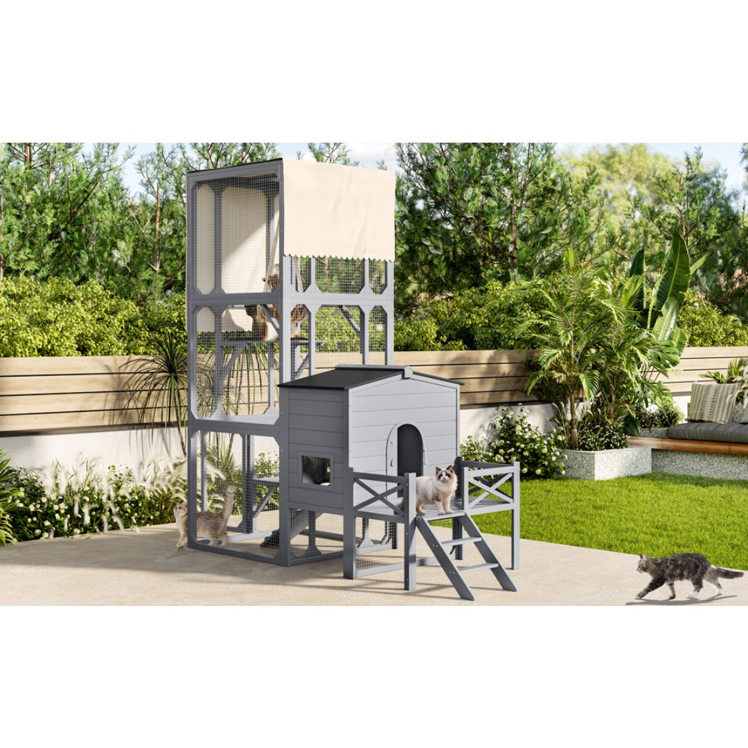 Catio Cat House Outdoor Large Cat Enclosure, Wooden Cat Cage For Multiple Cats With Jumping Platforms And Cat Swing, Removable Waterproof Cover, UV Resistant, 2 Combination, Gray by VetsPetStore