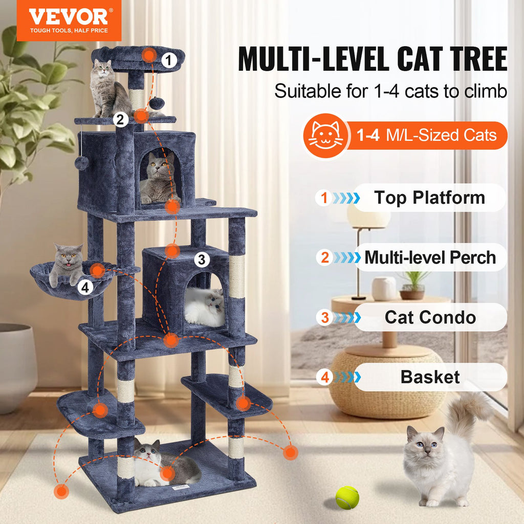 Cat Tree Cat Tower with Cat Condos Sisal Scratching Post Dark Grey by VetsPetStore