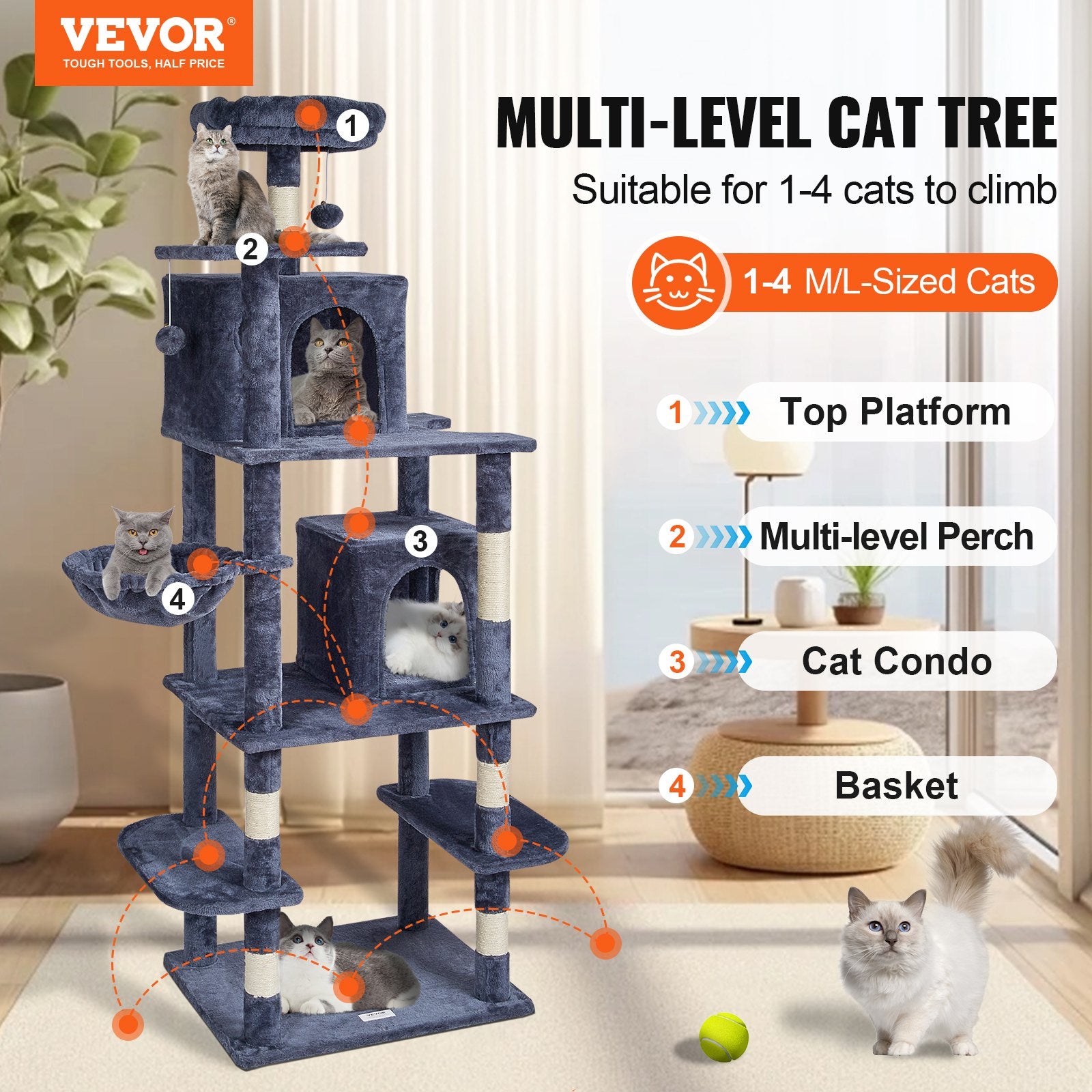 Cat Tree Cat Tower with Cat Condos Sisal Scratching Post Dark Grey by VetsPetStore