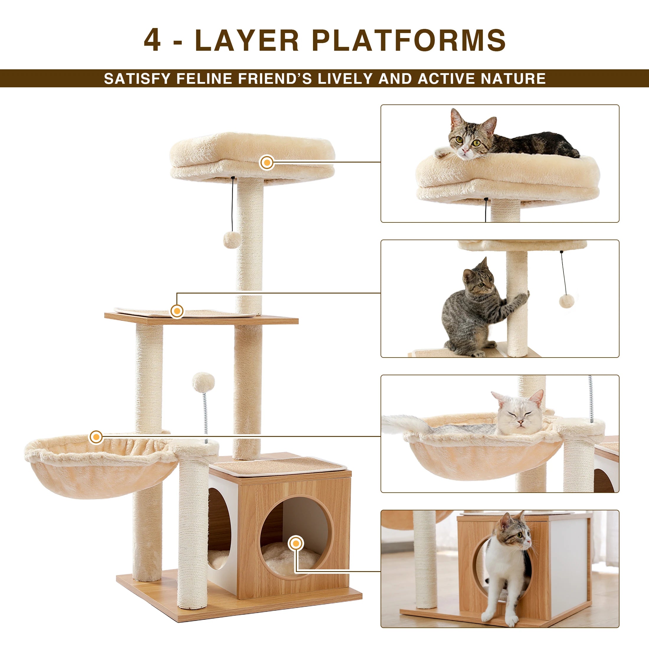 Modern Wooden Cat Tree Scratching Post Multi-Level Tower