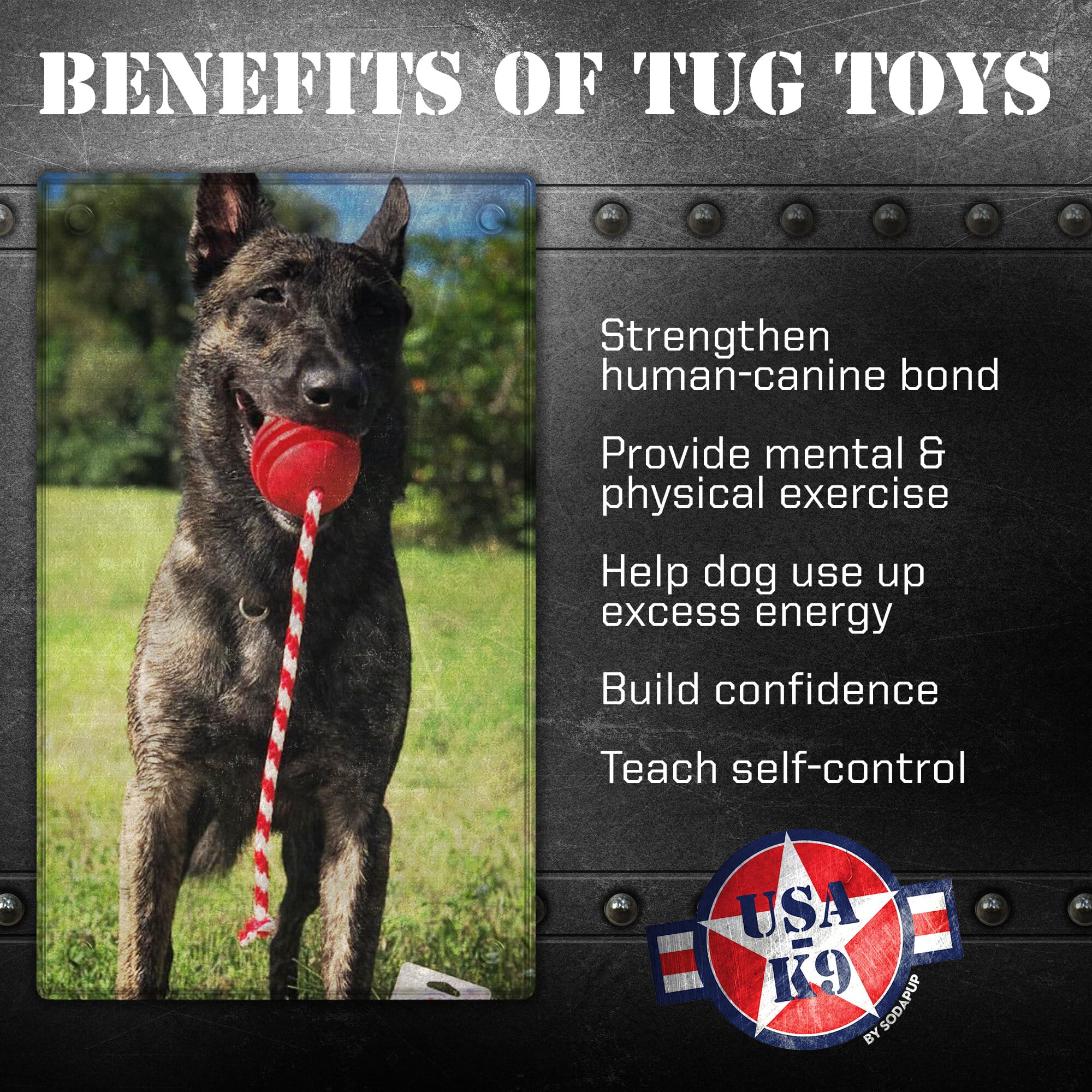USA-K9 Stars and Stripes Rubber Dog Toy | K9 Handler Reward Toy | Red | USA Made by SodaPup/True Dogs, LLC