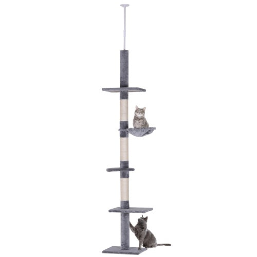 PawHut 9' Adjustable Height Floor-To-Ceiling Vertical Cat Tree - Grey And White by Amazing Pet Bargains