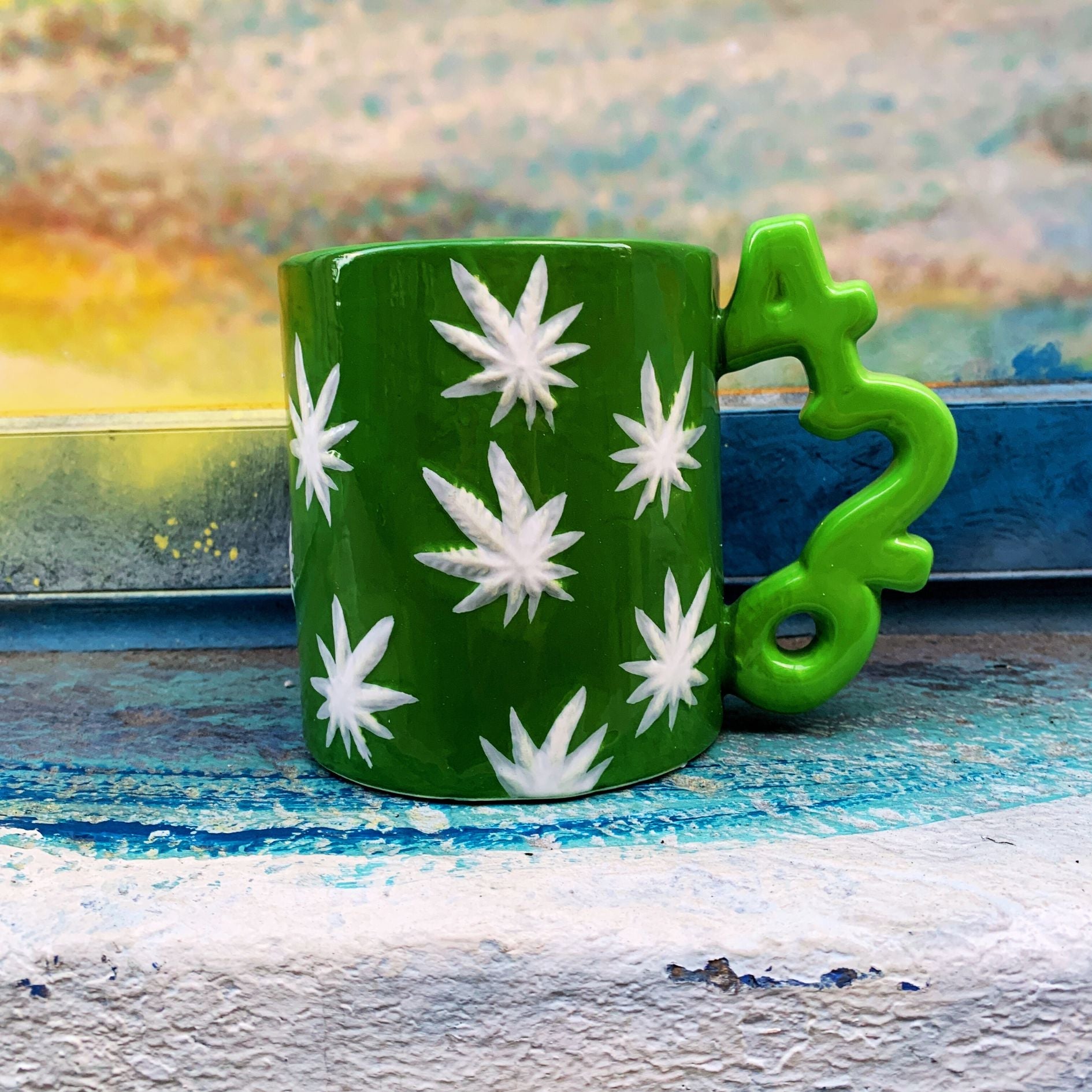 420 Handle Leaf Mug in Green | Ceramic Coffee Tea Cup | 20oz by The Bullish Store