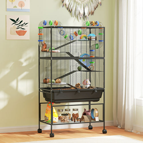 5 Tier Rolling Hamster Cage with Deep Tray, Storage Shelf, Big Exercise Wheel, Hut, Tube System by Amazing Pet Bargains