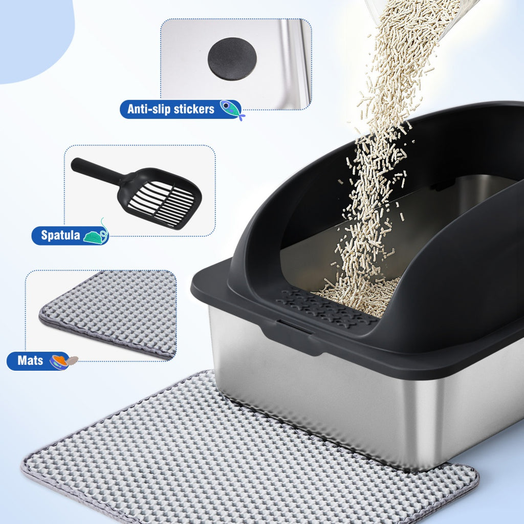 Stainless Steel Cat Litter Box With Lid, Large Cat Litter Box For Big Cats, Scoop And Mat Included by VetsPetStore
