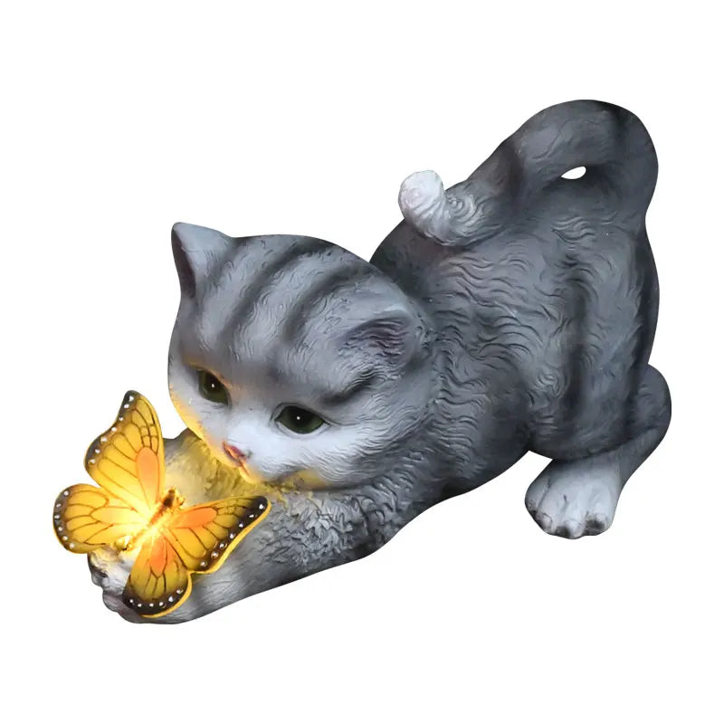 Solar Light Butterfly And Cat Resin Outdoor Sculpture by Love My Pet