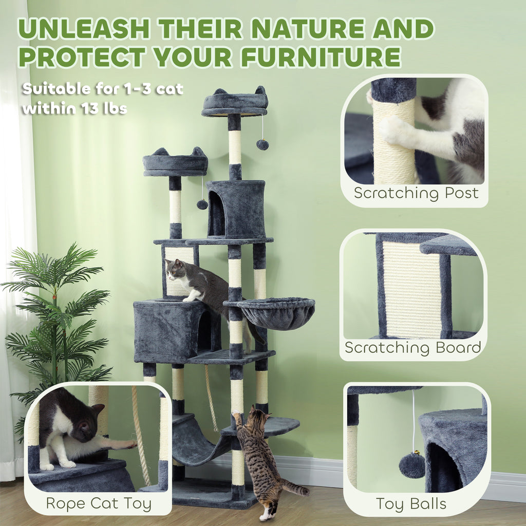 81" Cat Tree w/ Cat Scratching Posts, Scratching Board, Condos, Beds, Hammocks, Toy Balls, Rope Cat Toy, Gray by VetsPetStore