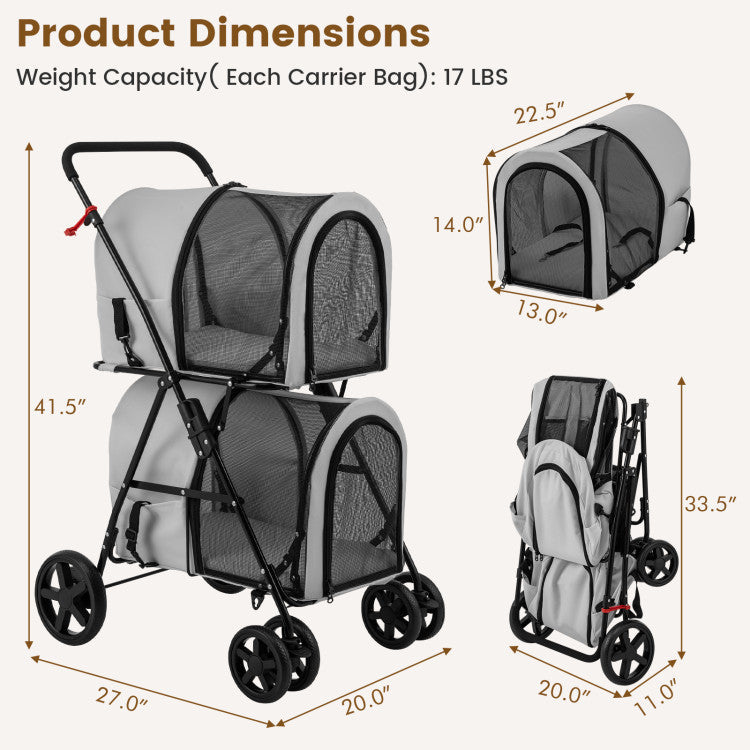 4-in-1 Double Pet Stroller with Detachable Carrier and Travel Carriage by Furr Baby Gifts