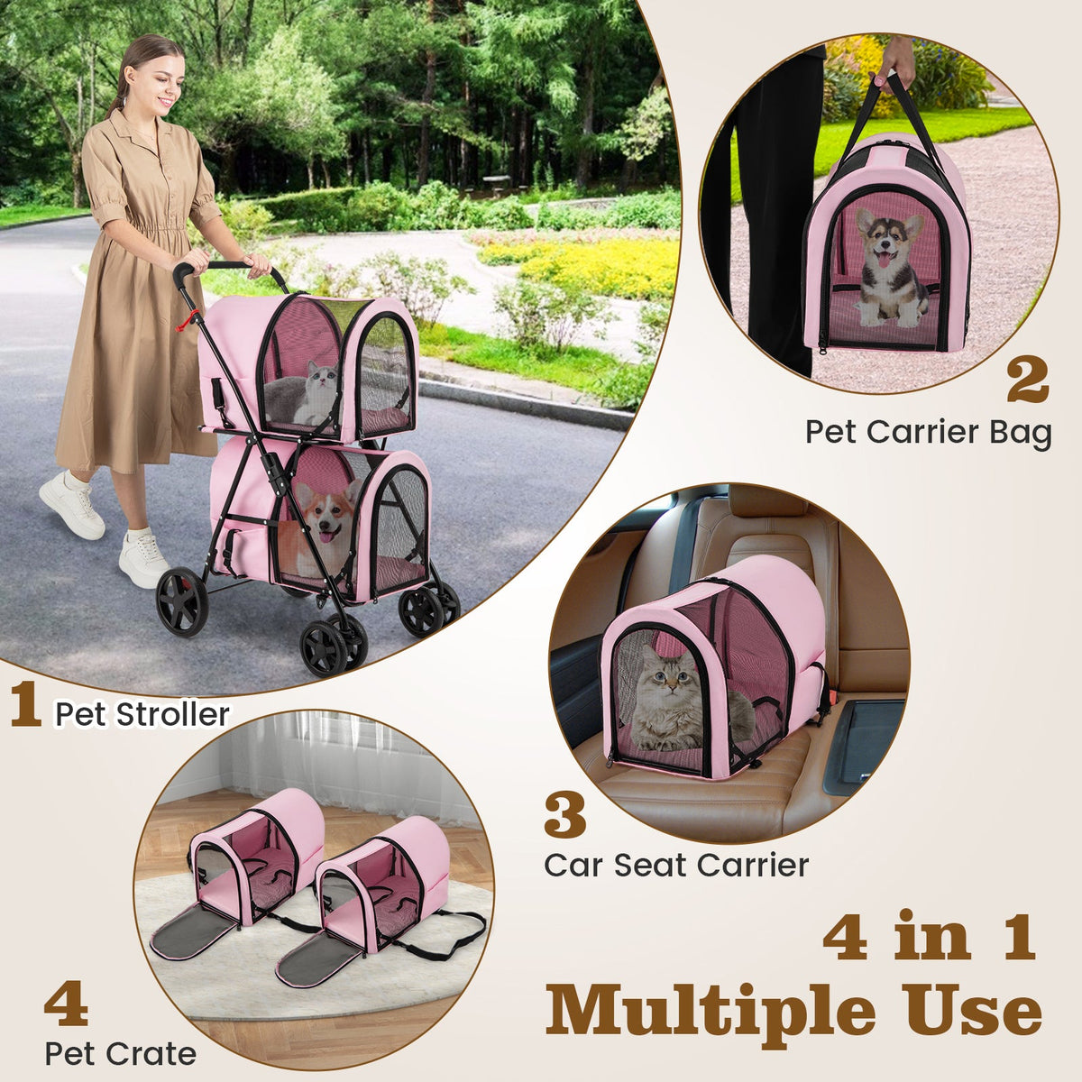 4-in-1 Double Pet Stroller with Detachable Carrier and Travel Carriage by Furr Baby Gifts