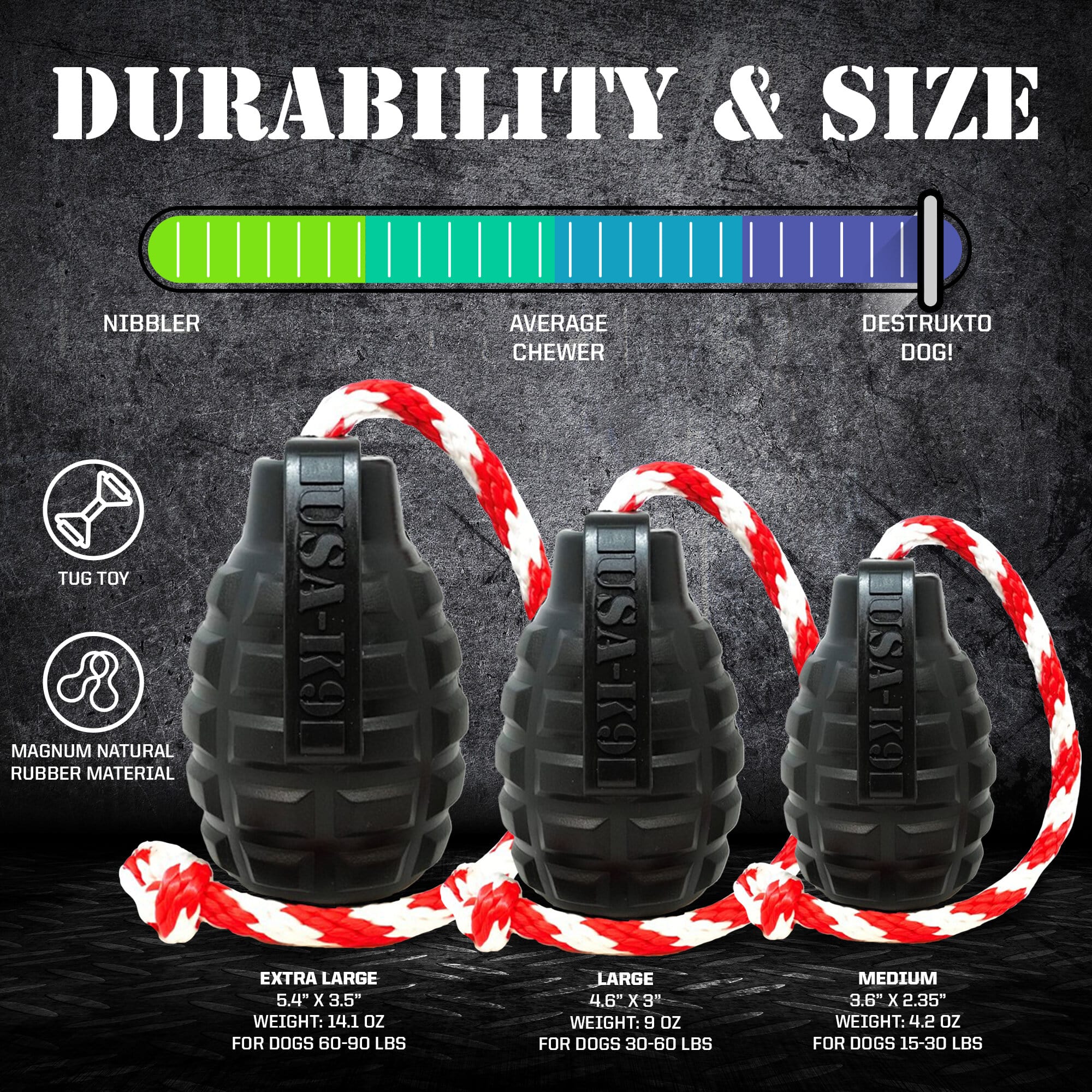 USA-K9 Magnum Grenade - Black Magnum Rubber Chew Toy for Extreme Chewers | USA Made by SodaPup/True Dogs, LLC
