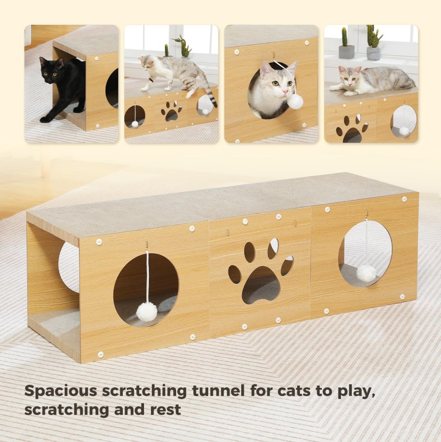 Cat Tunnel with Scratching Board and Pom Pom