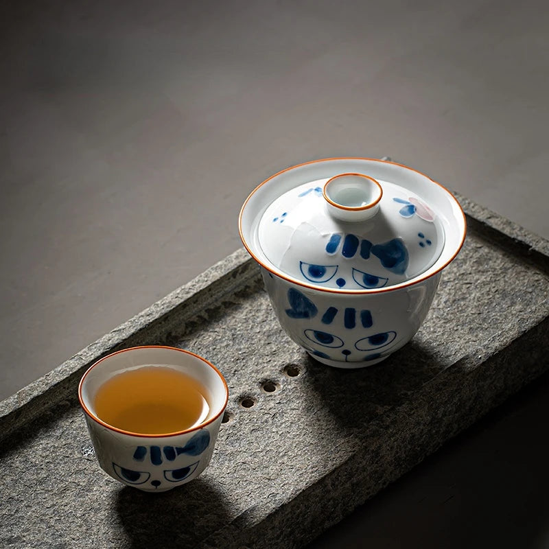 Hand-painted Blue Cat Ceramic Bowl and Tea Set by Love My Pet