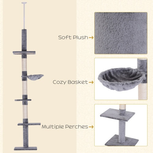 PawHut 9' Adjustable Height Floor-To-Ceiling Vertical Cat Tree - Grey And White by Amazing Pet Bargains