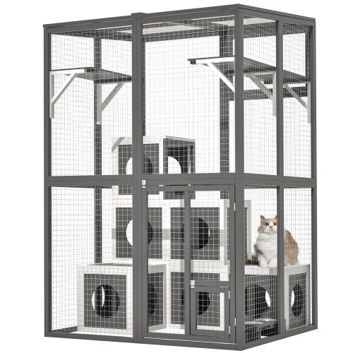 Outdoor Wooden Cat Catio Playpen With 2 Jumping Platforms