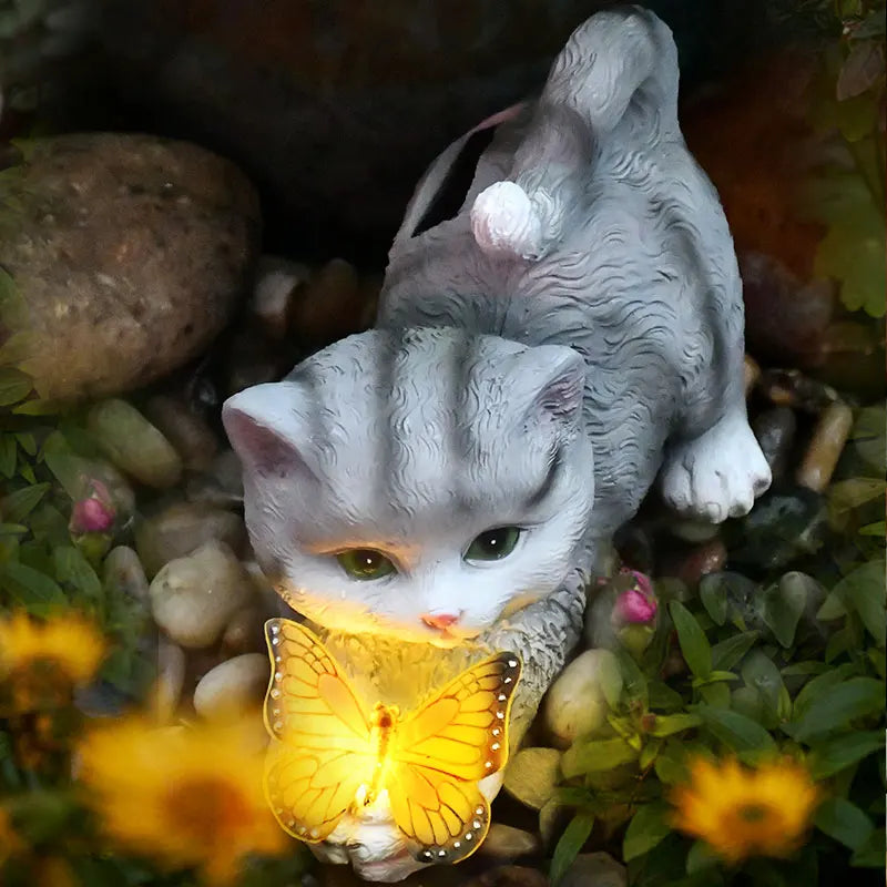 Solar Light Butterfly And Cat Resin Outdoor Sculpture by Love My Pet