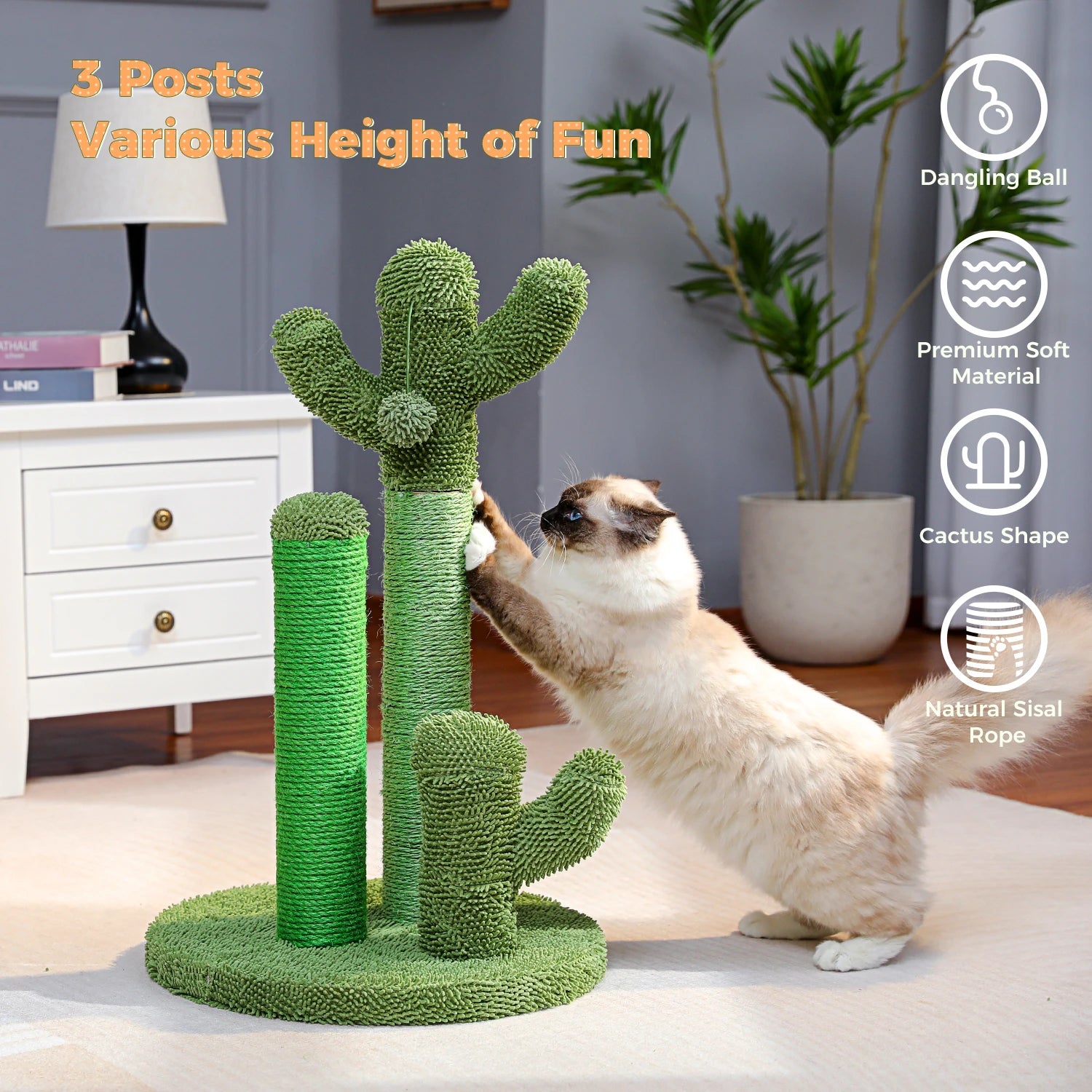 Cute Cactus Cat Tree With Toy Ball Scratching Post