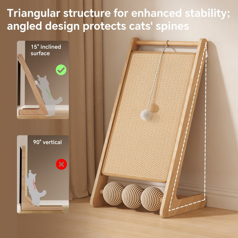 Large Vertical Sisal Cat Scratcher with Balls, Wooden Frame - Sisal Scratching Surface by VetsPetStore