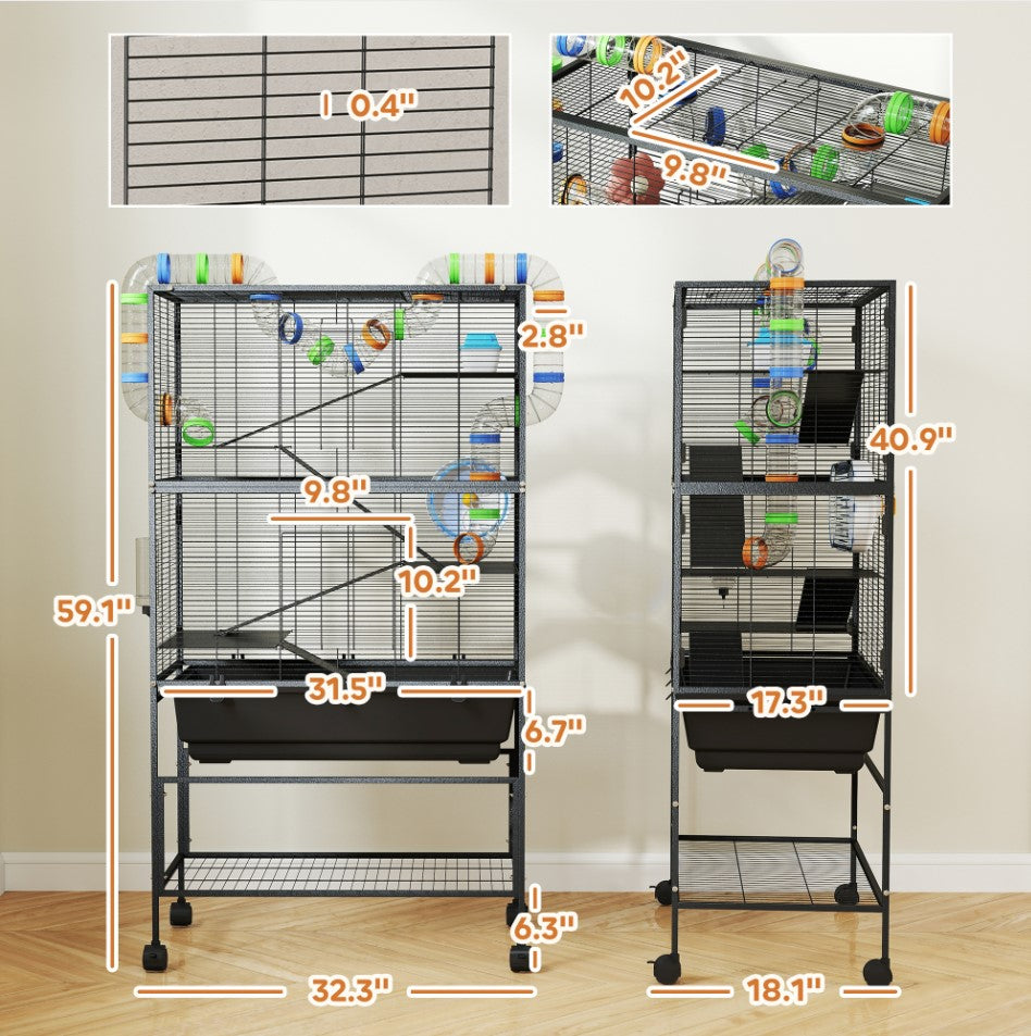 5 Tier Rolling Hamster Cage with Deep Tray, Storage Shelf, Big Exercis ...