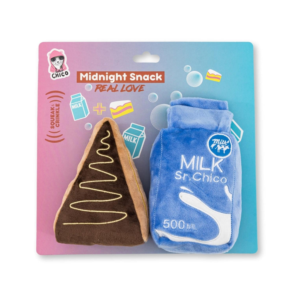 Cake Slice & Milk Midnight Snack Plush Dog Toy Gift Set – with Squeaker & Crinkle Paper
