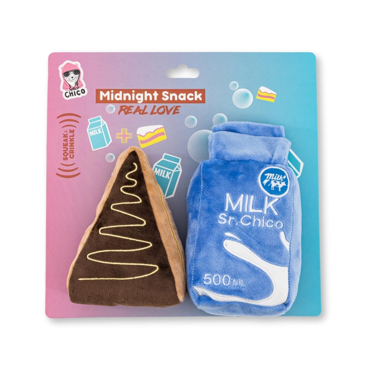 Cake Slice & Milk Midnight Snack Plush Dog Toy Gift Set – with Squeaker & Crinkle Paper