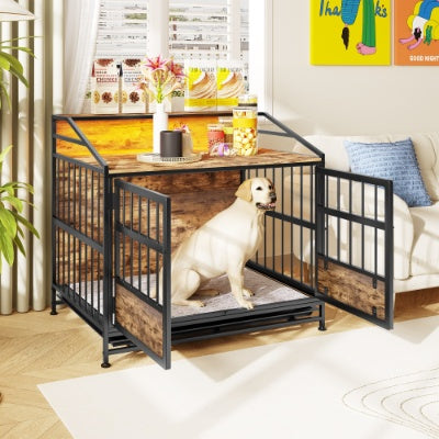 Multi-function Furniture Style Dog Crates With Storage, Dog Crate Furniture Large Wooden Dog Kennel With Double Doors, For Large Medium Dog Indoor, Brown by VetsPetStore