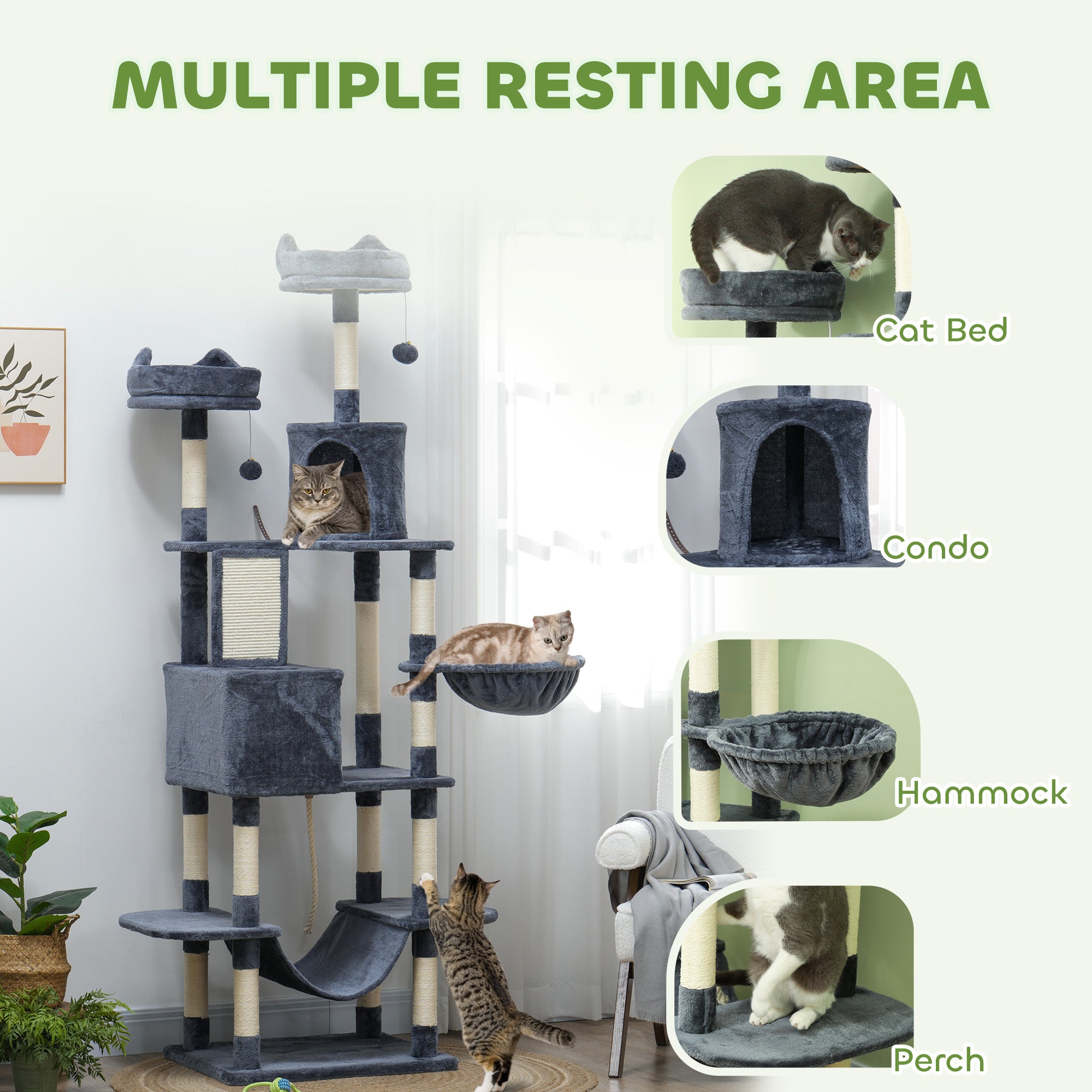 81" Cat Tree w/ Cat Scratching Posts, Scratching Board, Condos, Beds, Hammocks, Toy Balls, Rope Cat Toy, Gray by VetsPetStore