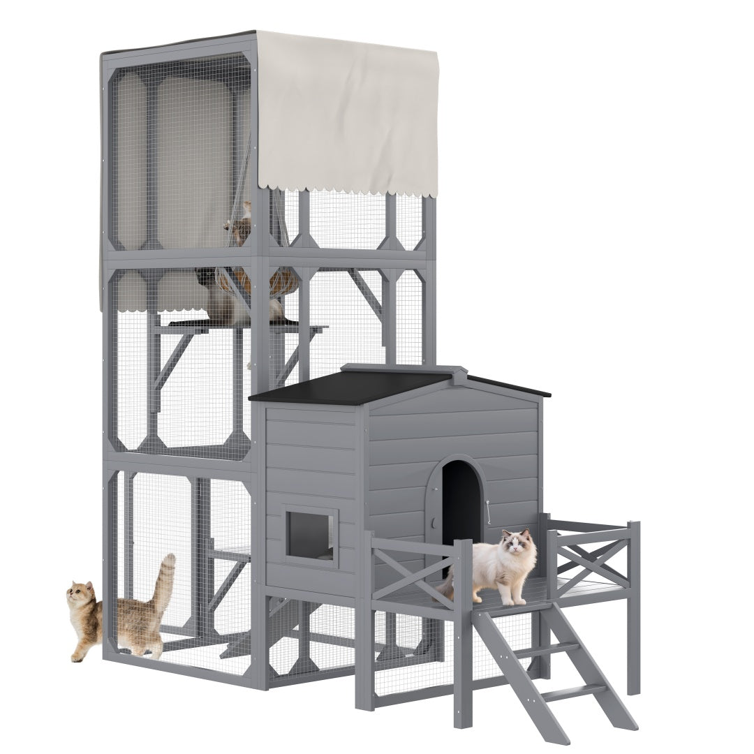 Catio Cat House Outdoor Large Cat Enclosure, Wooden Cat Cage For Multiple Cats With Jumping Platforms And Cat Swing, Removable Waterproof Cover, UV Resistant, 2 Combination, Gray by VetsPetStore
