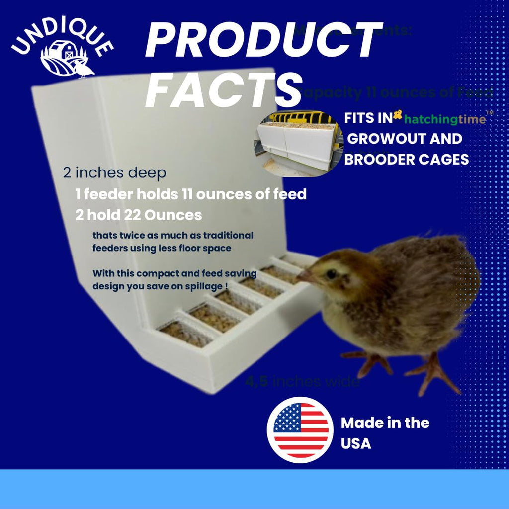 Front-Slot Quail Feeder Pair, Adjustable Spill-Resistant Design, for Hatching Time Chimuka Cage Systems, Made in USA by Quailz.com by Undique LLC