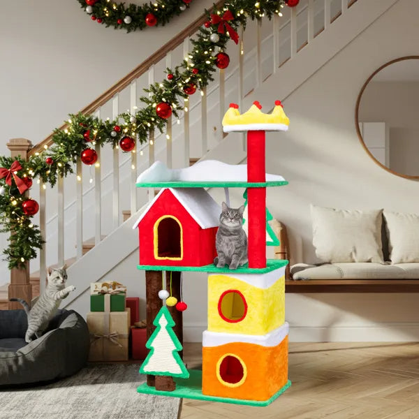 Christmas Themed Plush Cat Tree, Multi-level Cat Tower