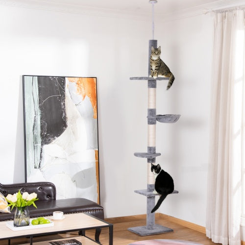 PawHut 9' Adjustable Height Floor-To-Ceiling Vertical Cat Tree - Grey And White by Amazing Pet Bargains