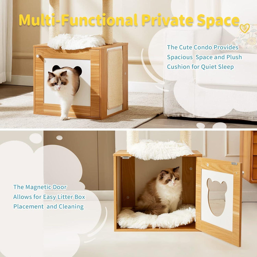Solid Wood Cat Tree And Tower With Litter Box, Cat Scratching Board And Hammock