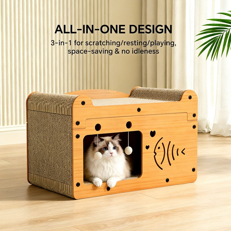 Fish Shape Cat Scratcher Sofa, With 2 Teaser Balls, Wood -Corrugated Scratcher by Love My Pet